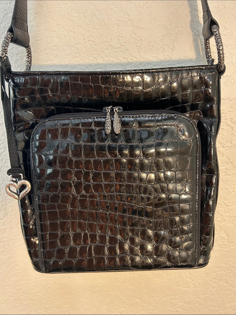 Brighton Black Croc-Embossed Leather Messenger Bag with Heart Charm